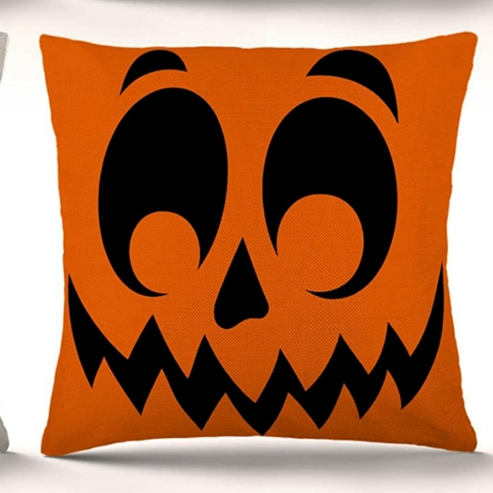 Halloween Pillow Cover • Jack O’Lantern Pumpkin Face Orange Black • 18x18 - Picture 2 of 7